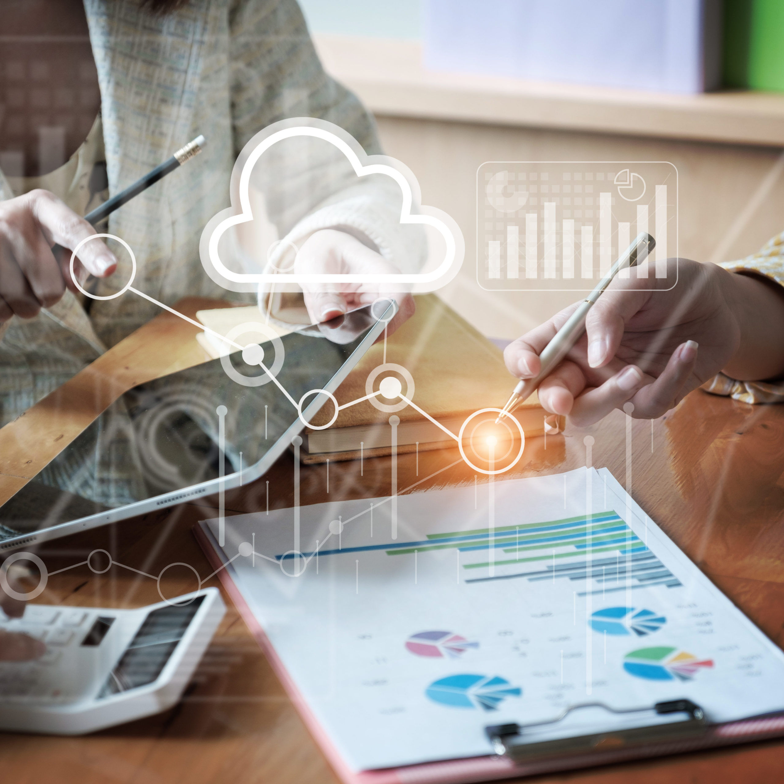 Digital data charts symbolizing the cloud integration and that our managed IT solutions plays well with other tools, which means less manual data entry and fewer errors