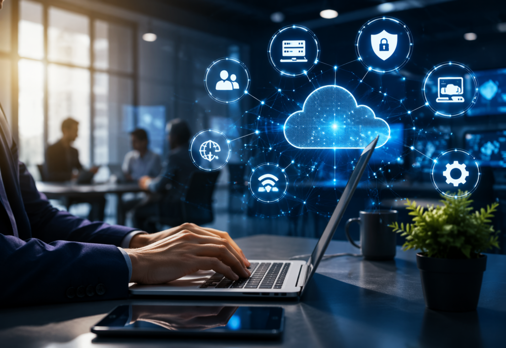Professional IT services image showing Professional working at a laptop in a modern office, with digital icons and cloud graphic illustrating managed IT services nearby. for managed IT services, cybersecurity, network infrastructure, cloud solutions, and business IT support. - BKY Technologies Professional IT services image showing Professional working at a laptop in a modern office, with digital icons and cloud graphic illustrating managed IT services nearby. for managed IT services, cybersecurity, network infrastructure, cloud solutions, and business IT support.