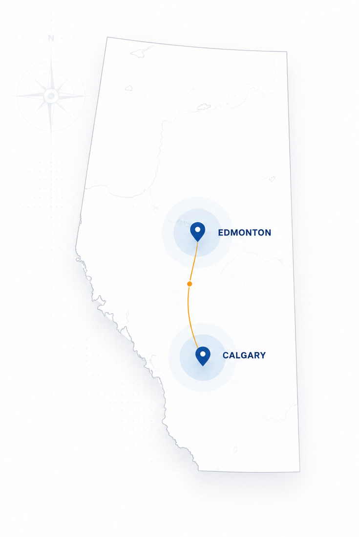Map of Alberta highlighting BKY service areas in the Edmonton and Calgary metropolitan regions.