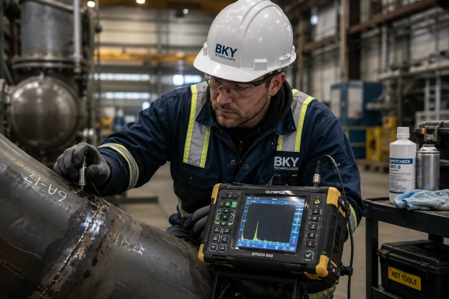 Non-destructive testing technician inspecting industrial equipment